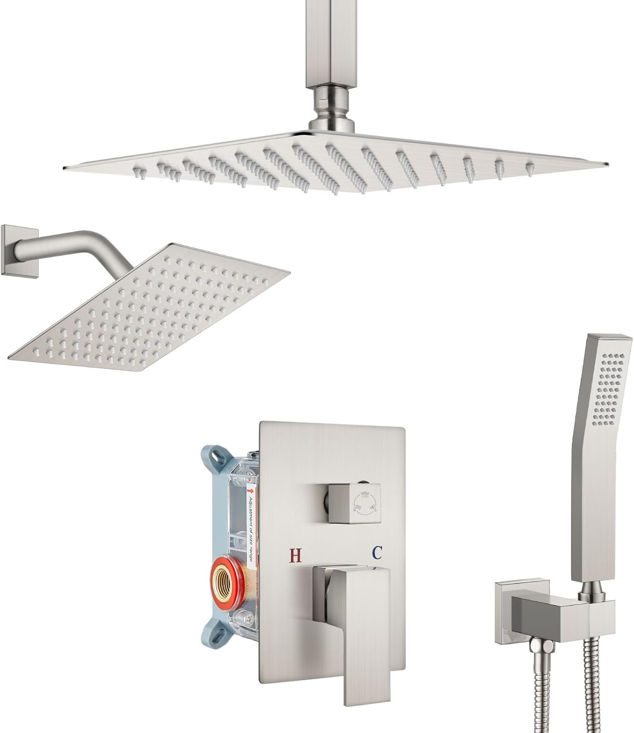 Aolemi Ceiling Mount Shower System Rainfall Shower Head Set with Handheld Spray High-Pressure Luxury Shower Faucet Combo, Brushed Nickel, 10 and 6 Inch Dual Shower Head