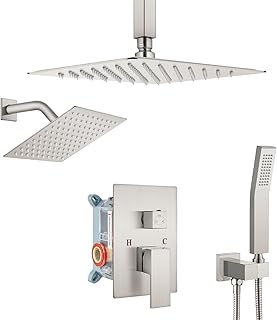 Aolemi Ceiling Mount Shower System Rainfall Shower Head Set with Handheld Spray High-Pressure Luxury Shower Faucet Combo, Brushed Nickel, 10 and 6 Inch Dual Shower Head
