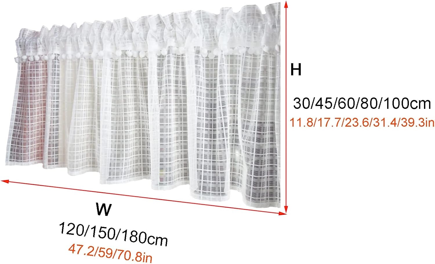 Kitchen Curtain White Lace Valance, Breathable yarn quality Tier Curtains, Semi Sheer with tassel ball one slice, Cafe Curtain Panels, for Living Room Bathroom Windows ( Size : W150xH80cm/59x31.4in )