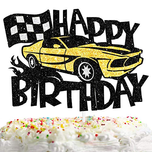 Sport Car Cake Topper Happy Birthday Racing Cars Theme Black Gold Glitter Decor Picks For Kids Birthday Checkered Flag Party Decorations Supplies #TOP4