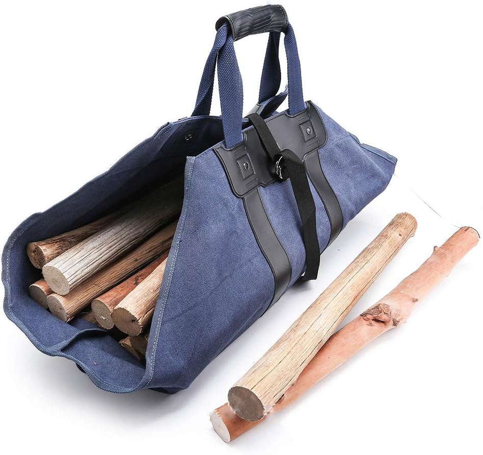 Canvas Log Carrier Tote, Large Capacity Log Carrier Bag Indoor Fireplace Storage Bag Fireplace Stove Accessories Firewood Holder with Handles for Camping,Blue