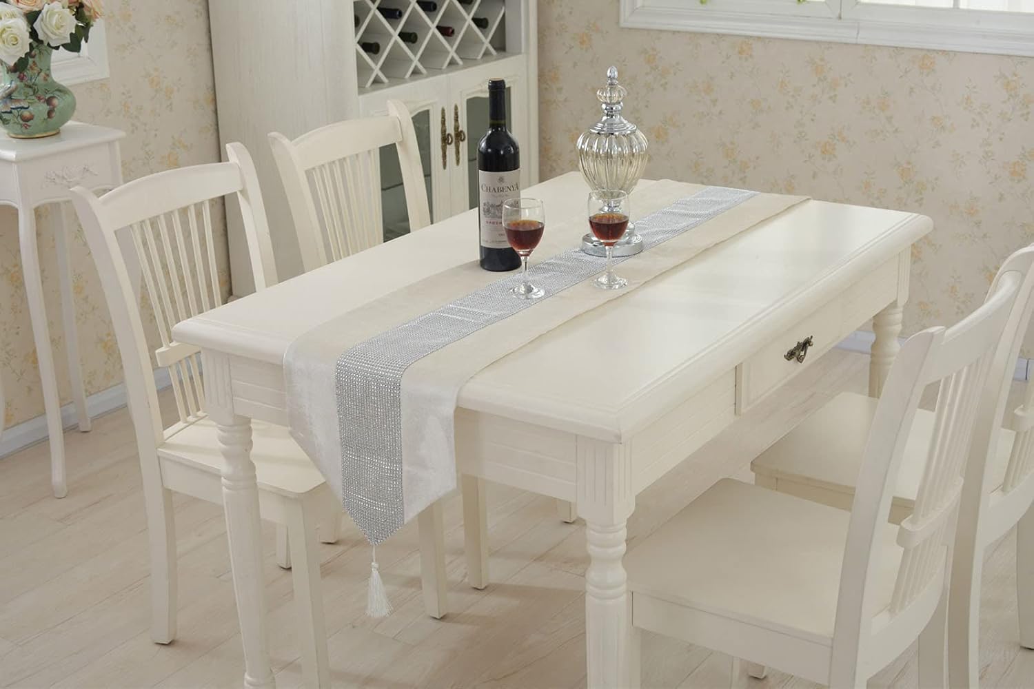 13X98 Inch Elegant Luxury Table Runner, Sequined Rhinestone Runners with Diamante Strip and Elegant Tassels for Home Kitchen Birthday Party Wedding Decorations, Creamy White