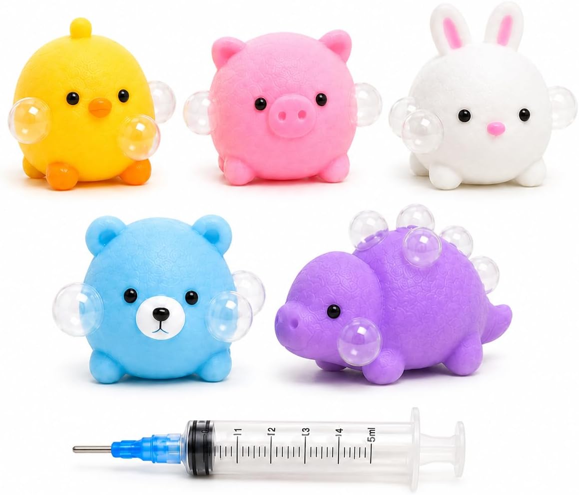 5 Pack Animal Pimple Popping Toy Set with Syringe for Squishies, Squishy Needle Air Injection Fidget Toys, Pimple Popper Toy Squishy Needle Stress Relief ASMR Sensory Toys for Kids