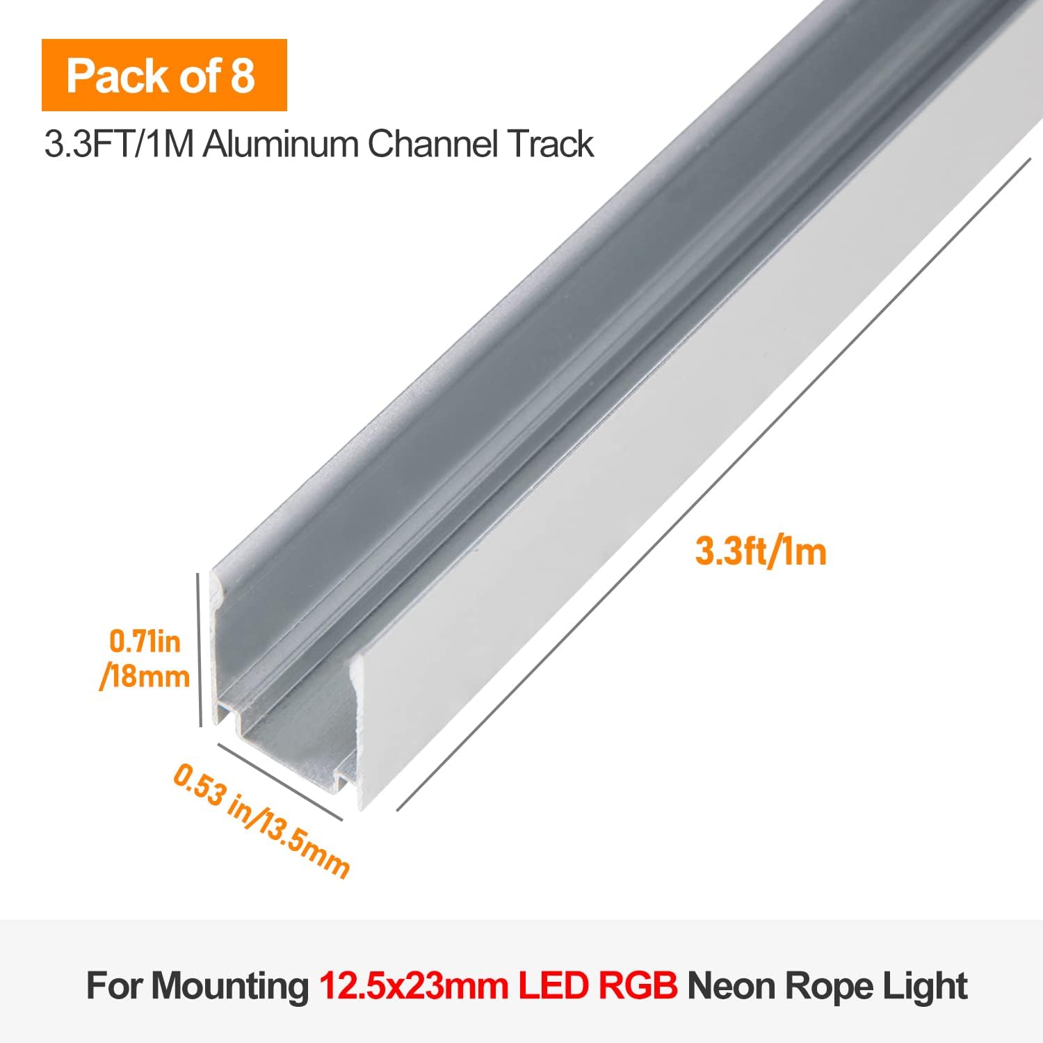 Shine Decor 3.3FT/1M Aluminum Track Channel Mounting Bracket, Pack of 8, for 12.5x23mm and 15x25mm LED Neon Rope Lights