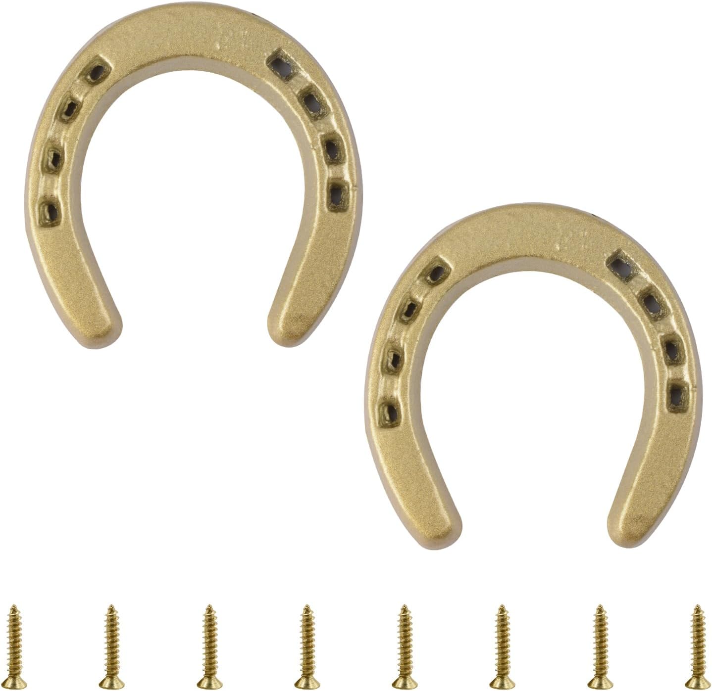 MOROBOR Decorative Cast Iron Horseshoe Wall Decor, 2PCS Medium Lucky Horseshoes Vintage Wedding Favors Party Favor Decorations Horse Shoe Good Luck Charm/Gold