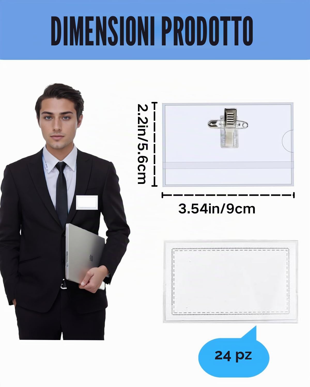 Porta Badge in Plastica Trasparente 90mm x 56mm Clip Orizzontale 24 Pezzi