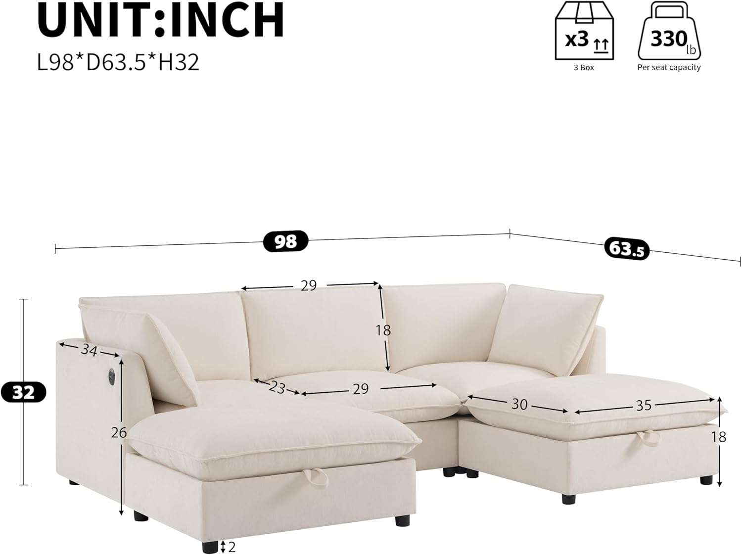 98" U-Shaped 5 Seat Sectional Cloud Sofa, Chenille Upholstered Modular Sofa Deep Seat with Storage Ottomans, Modern Modular Convertible Corner Couches for Living Room