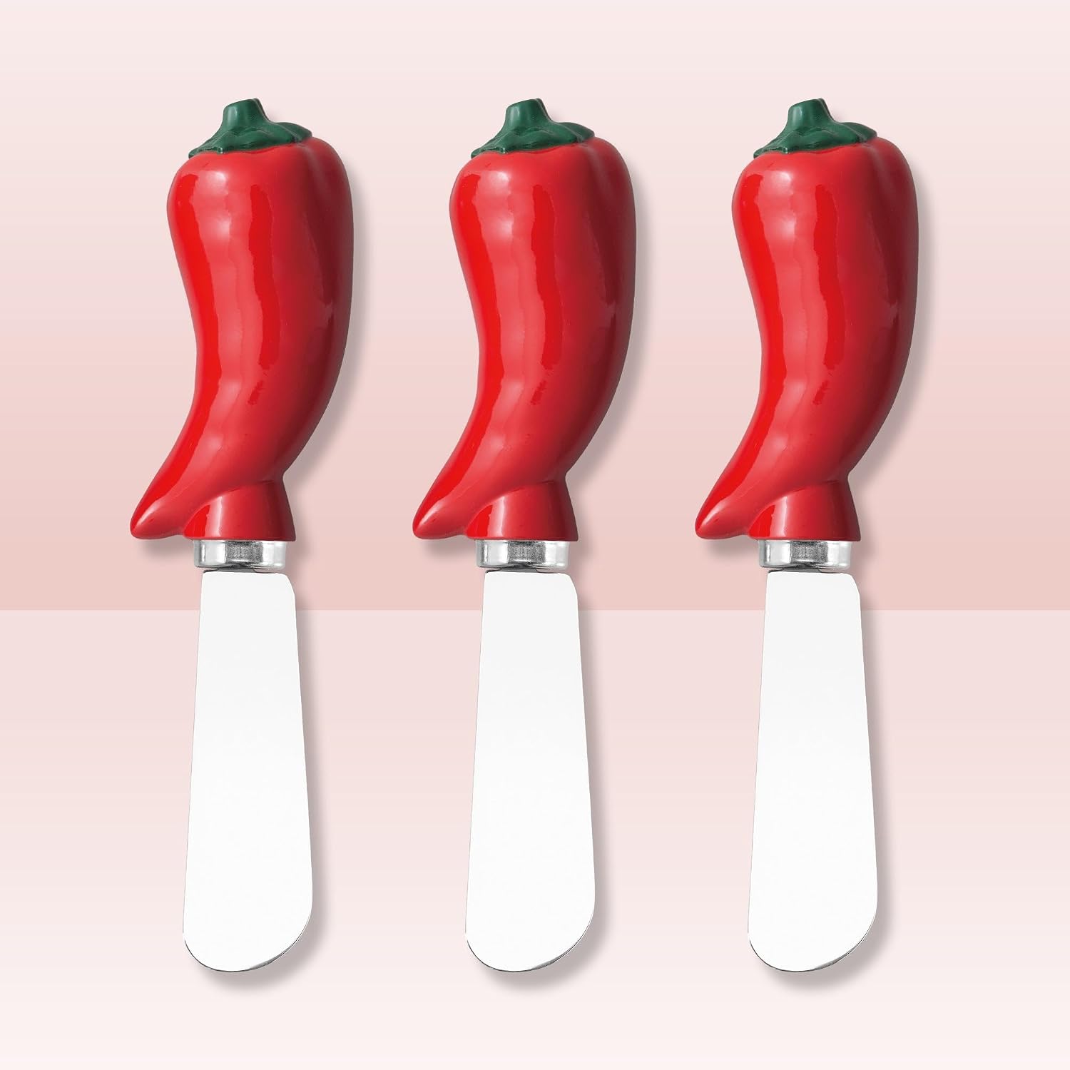 Supreme Housewares Chili Pepper Cheese Spreader Set of 3, Stainless Steel Spreaders with Hand-Painted Resin Vegetable Handles, Fiesta Party Decor, Red