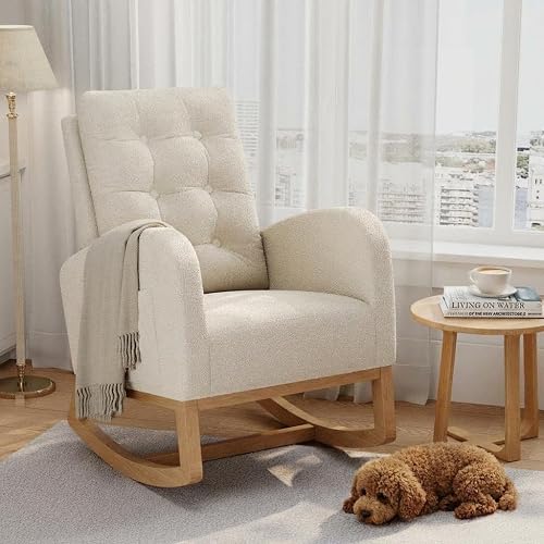 Modern Rocking Chair for Living Room, Comfortable Recliner Rocker with Side Pocket, Soft Linen Upholstered Glider Chair for Bedroom, Nursery, Lounge-Beige
