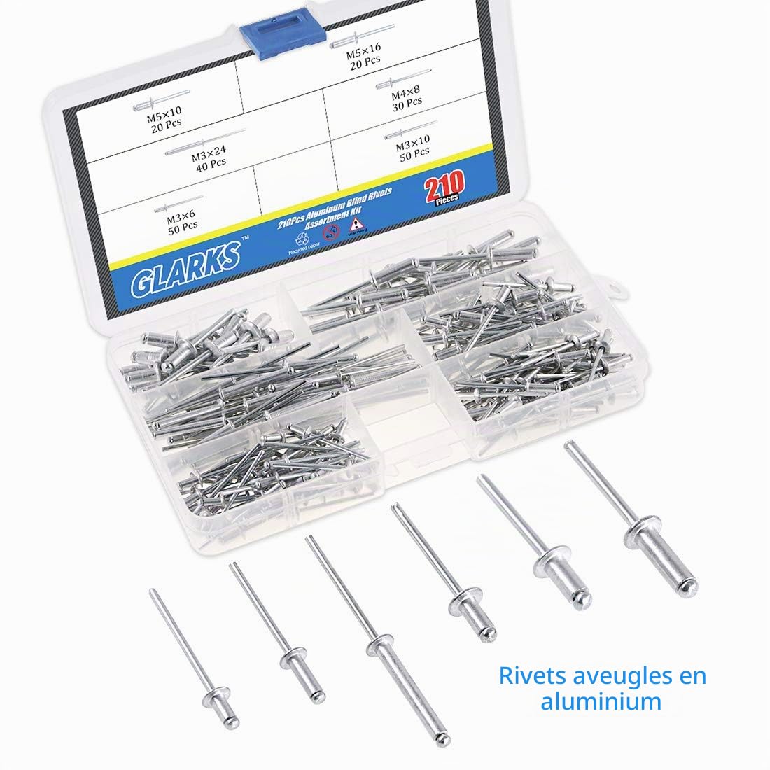 GLARKS Ensemble de riveteuses robustes, assortiment de 210 rivets aveugles en aluminium et un pistolet à rivets pop professionnel pour travaux de tôle, automobile, ferroviaire et conduit (pistolet à