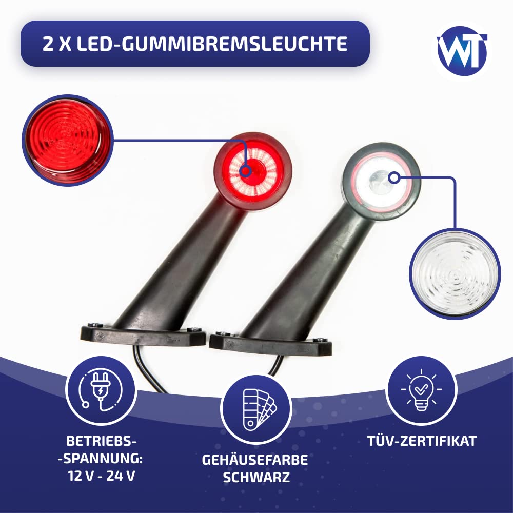 2 x Gummi Begrenzungsleuchte Seitenleuchte Positionsleuchte 12V 24V, weiß, rot, für LKW PKW Anhänger, Trailer, Abschleppwagen, auf einem langen, schrägen Wohnwagen usw