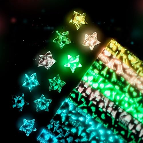 Miniatura 4 de 420 hojas luminosas de papel de estrella de origami, 10 colores surtidos, tiras de papel de estrella de doble cara, papel de estrellas de origami de
