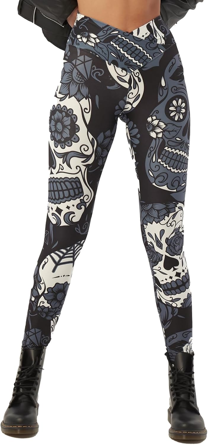 sissycos Women's Christmas Halloween Crossover Leggings High Waisted Buttery Soft Printed Tights 27"