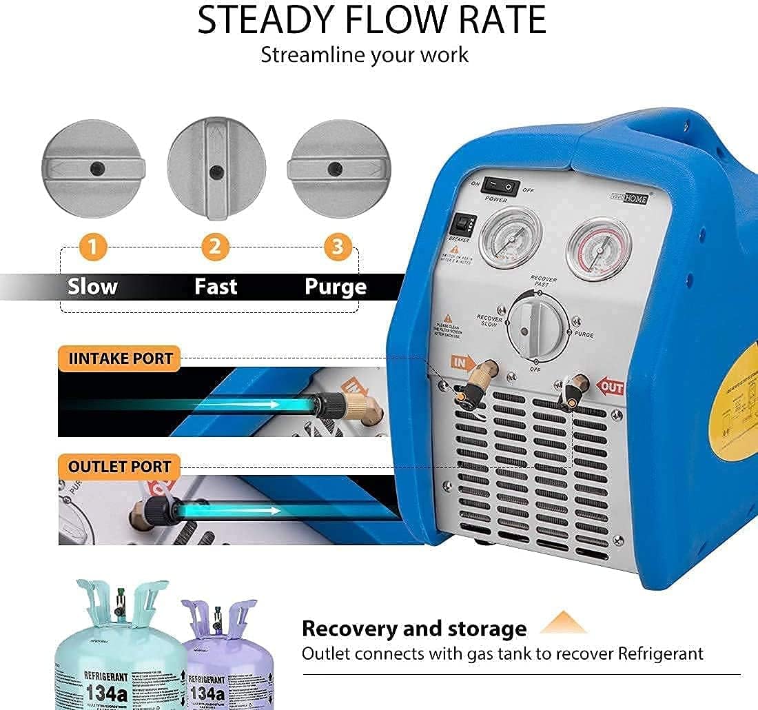 VIVOHOME 110V 1/3 HP 4CFM Single Stage Rotary Vane Air Vacuum Pump and R134a AC Manifold Gauge Set Kit with 110-120V AC 60Hz 3/4HP Single Cylinder Portable Refrigerant Recovery Machine Combo