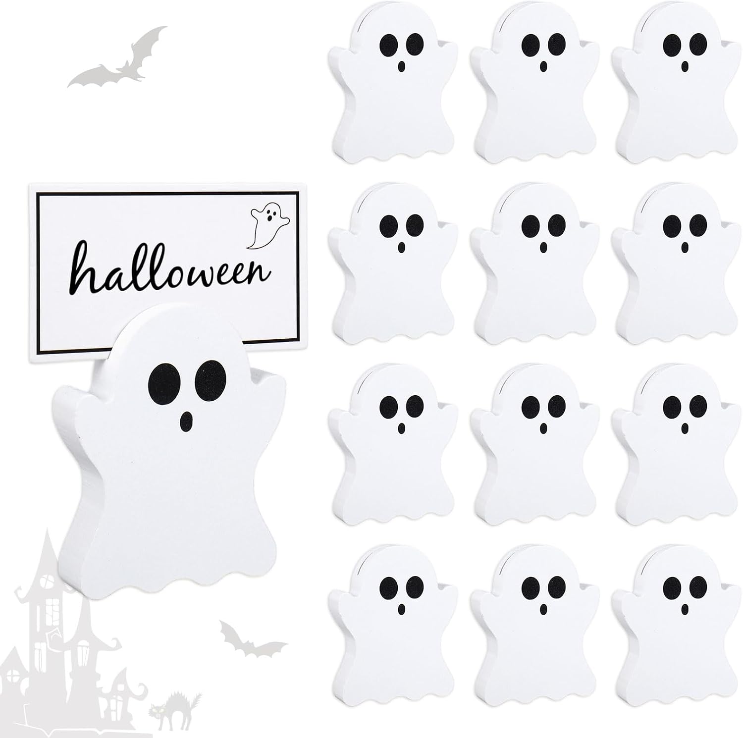 Whaline 12 Pcs Halloween Wooden Place Card Holders with Name Cards White Ghost Table Number Holder Display Stand for Party Home Office Table Setting Supplies