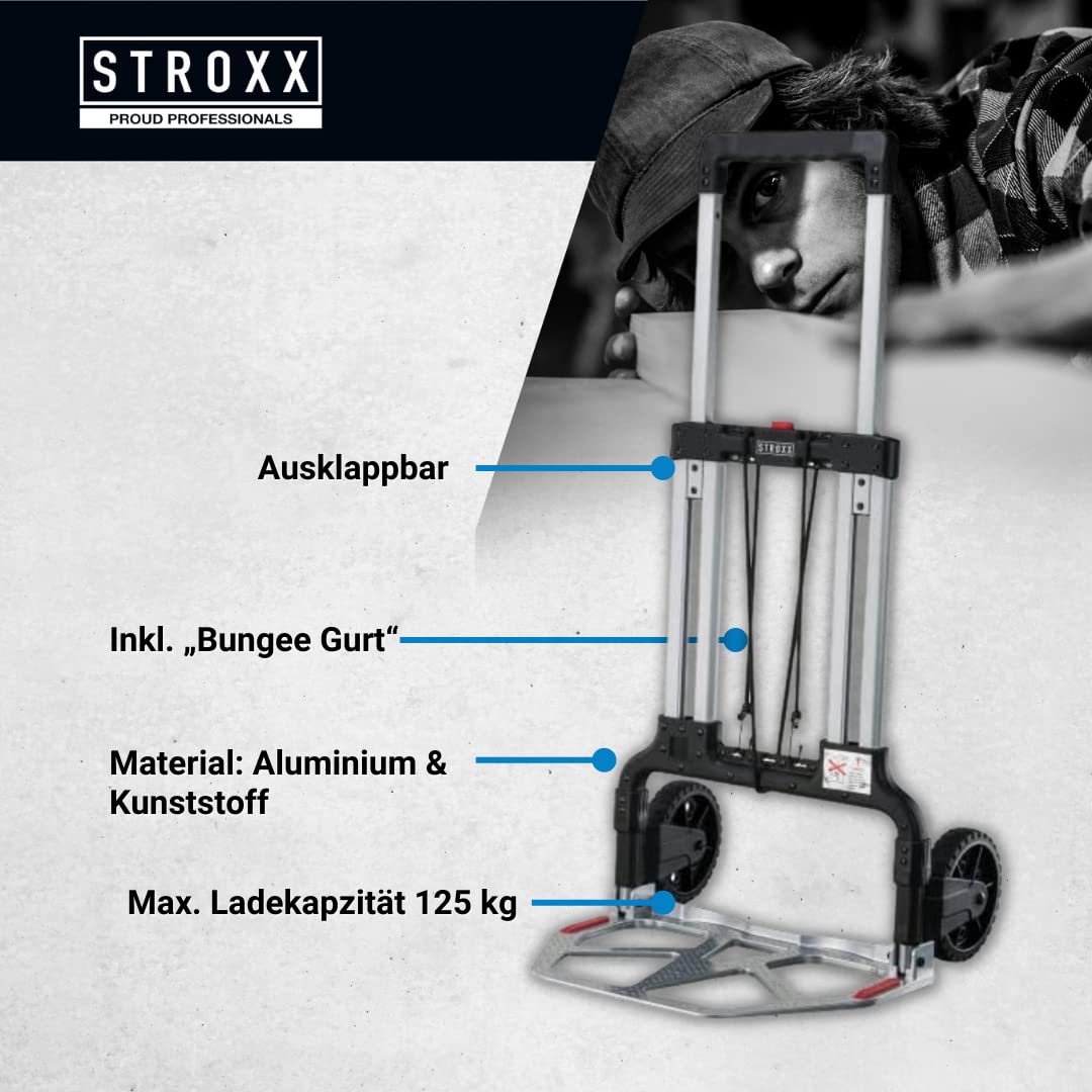 STROXX – Sackkarre klappbar 125kg Traglast – Handkarre inkl. Spanngurt für Umzüge, Getränkekisten UVM. – Transportkarre mit großer Ladefläche & stabilem Alurahmen