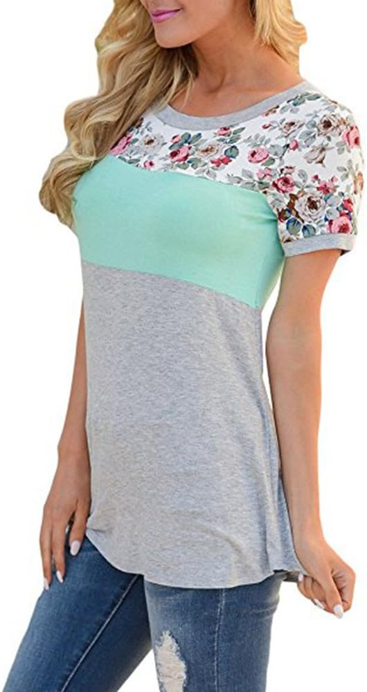 Women Casual Floral Print Short Sleeve Patchwork Blouse Tops (Medium, SkyBlue)