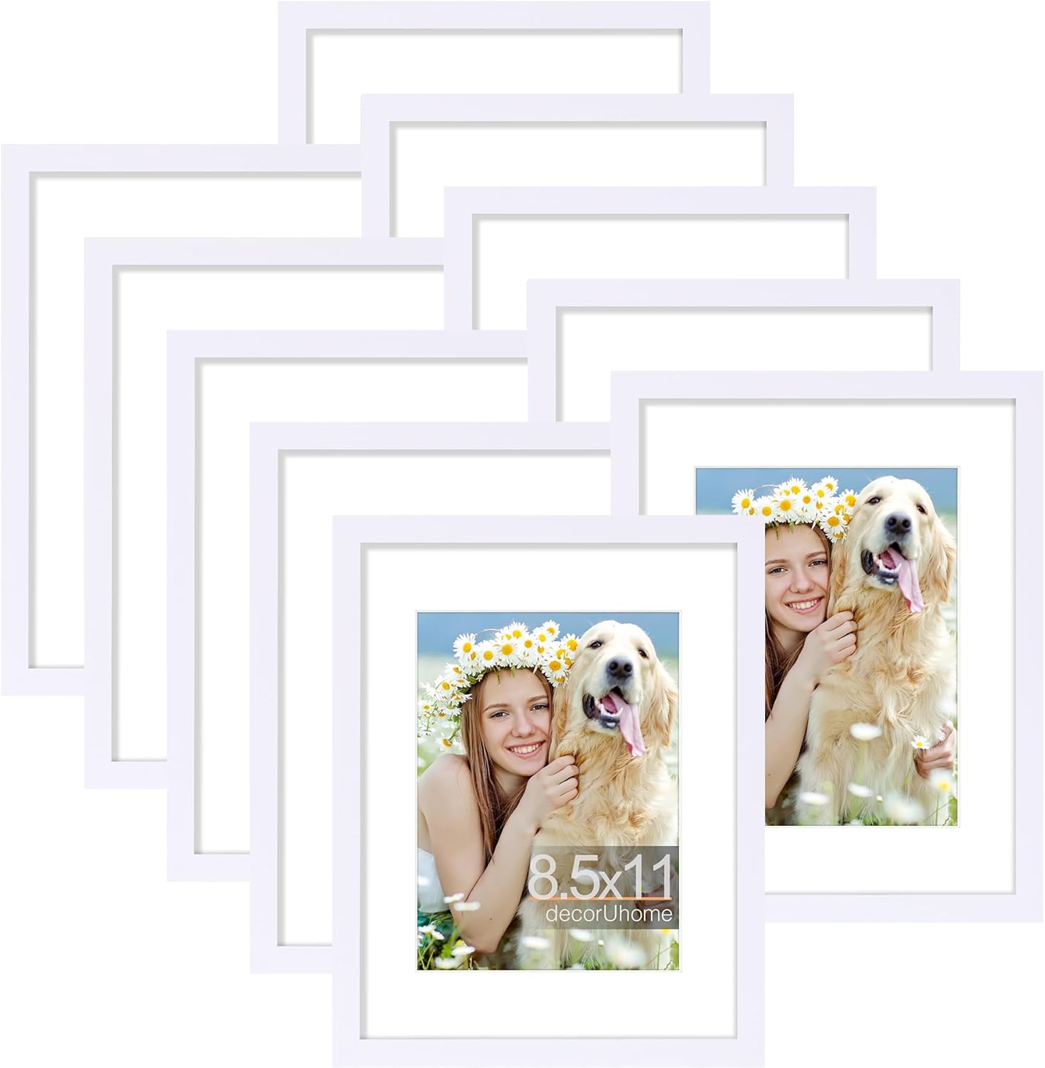 decorUhome 8.5 by 11 Picture Frame Set of 10, Display Photos 6x8 with Mat or 8.5x11 Unmatted for Picture Frames Collage Wall Decor, White