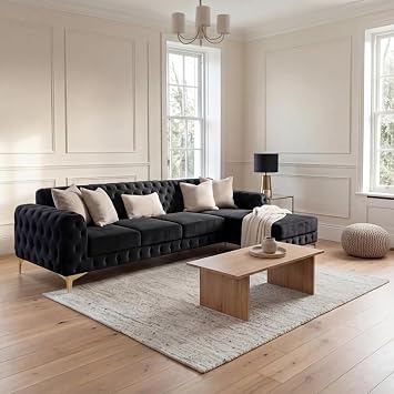 Sofaya L-Shaped Plush Velvet Chesterfield Deep Button Tufted Sofa  Cushions & Legs, 4 5 Seater Upholstered Sofa couch for Living Room Black Plush, Fabric Swatch