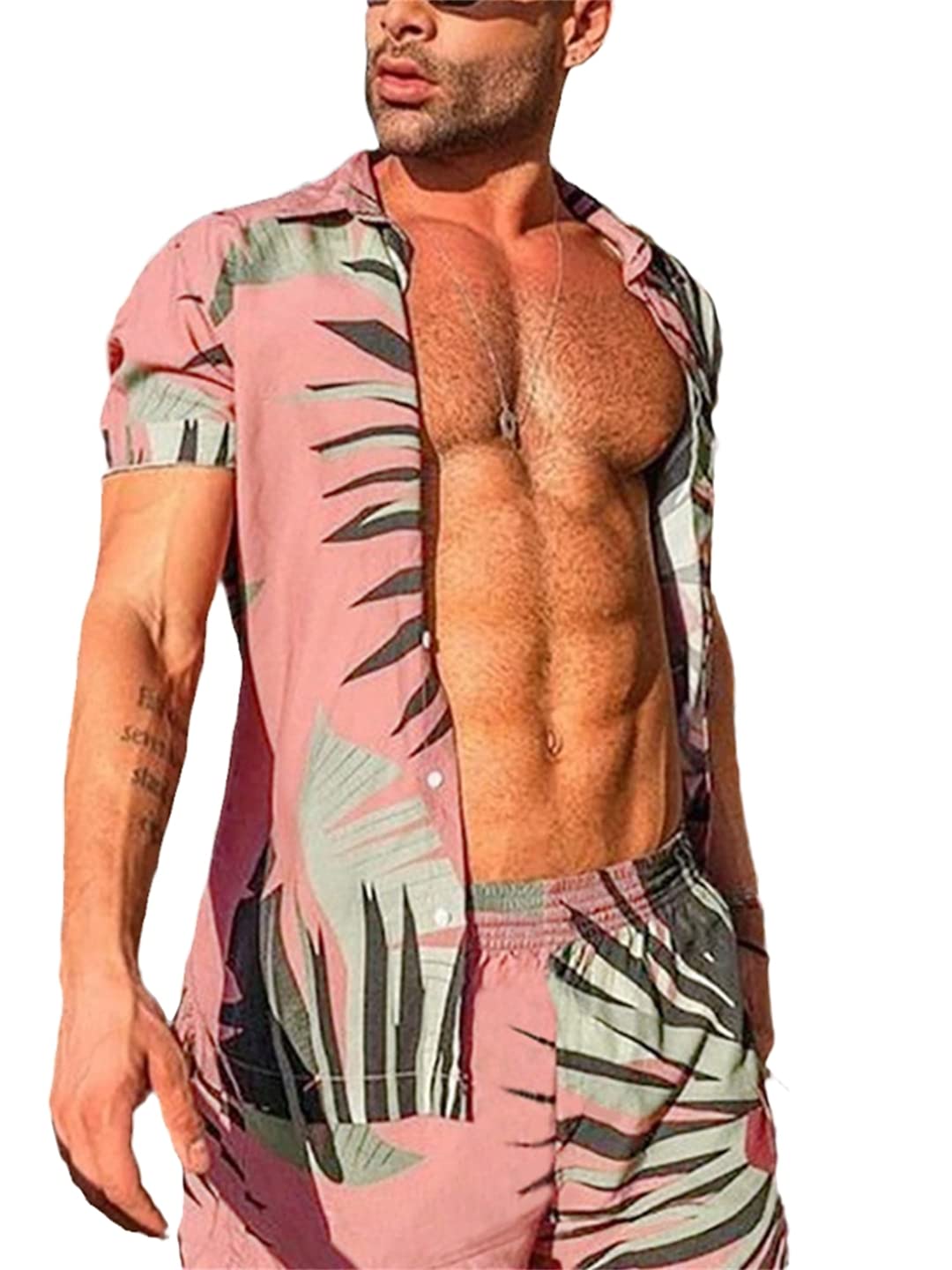 AXEBHPED Ensemble de vêtements hawaïens à manches courtes pour homme - Style patchwork, Tz-16 Rose, Taille M
