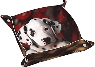 Dalmatian Puppy Small Valet Tray Desktop Storage Organizer Pu Leather Catchall Bedside Vanity Tray 9.8x2 Inch Nightstand Caddy Holder for Remote Controller, Keys, Phone