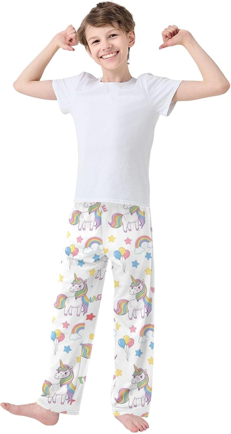 Cute Unicorn Rainbow White Pajama Pants Soft Modal Lounge Sleepwear with Elastic Waist and Pockets