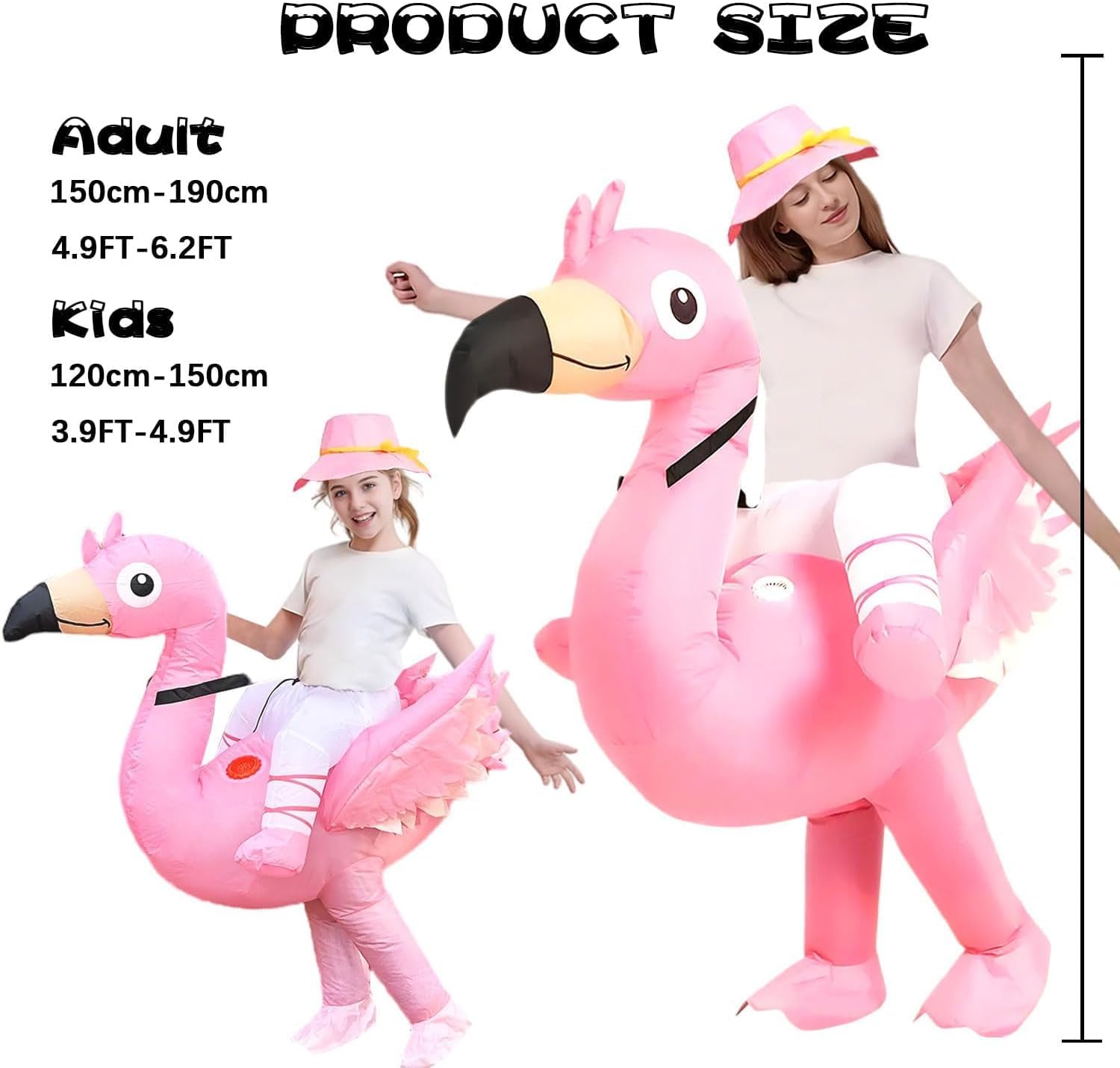Inflatable Flamingo Costume for Adults and Kids with Pink Hat, Blow Up Ride on Flamingo Costume for Halloween Christmas Party, Funny Costume for Men & Women (4.9-6.2 ft)