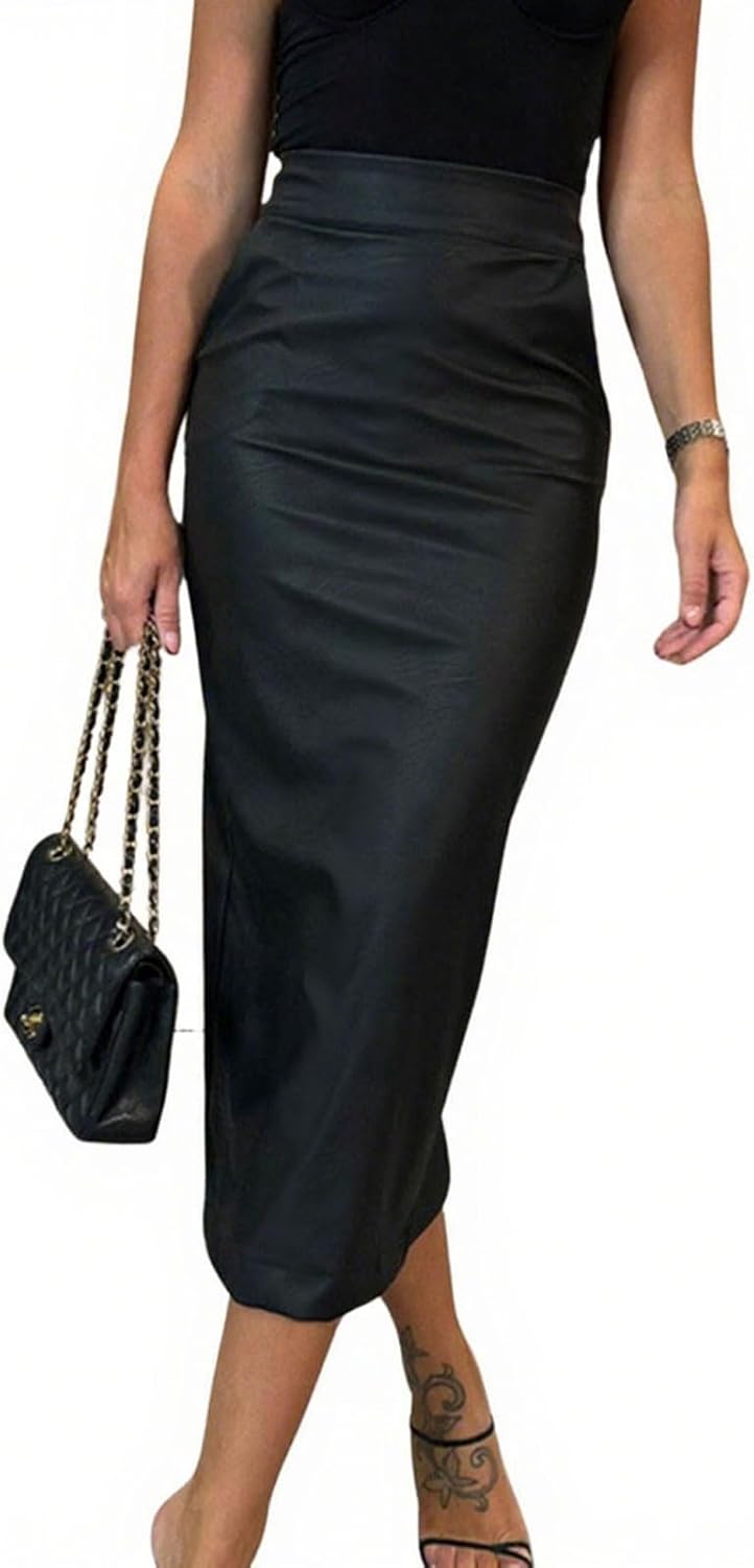 utcoco Womens Long Faux Leather Skirt Bodycon High Waist Slim Pencil Midi Skirt