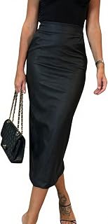utcoco Women's High Waist Faux Leather Midi Skirt - Bodycon Pencil Slim Fit, Sexy Elegant Wear to Work