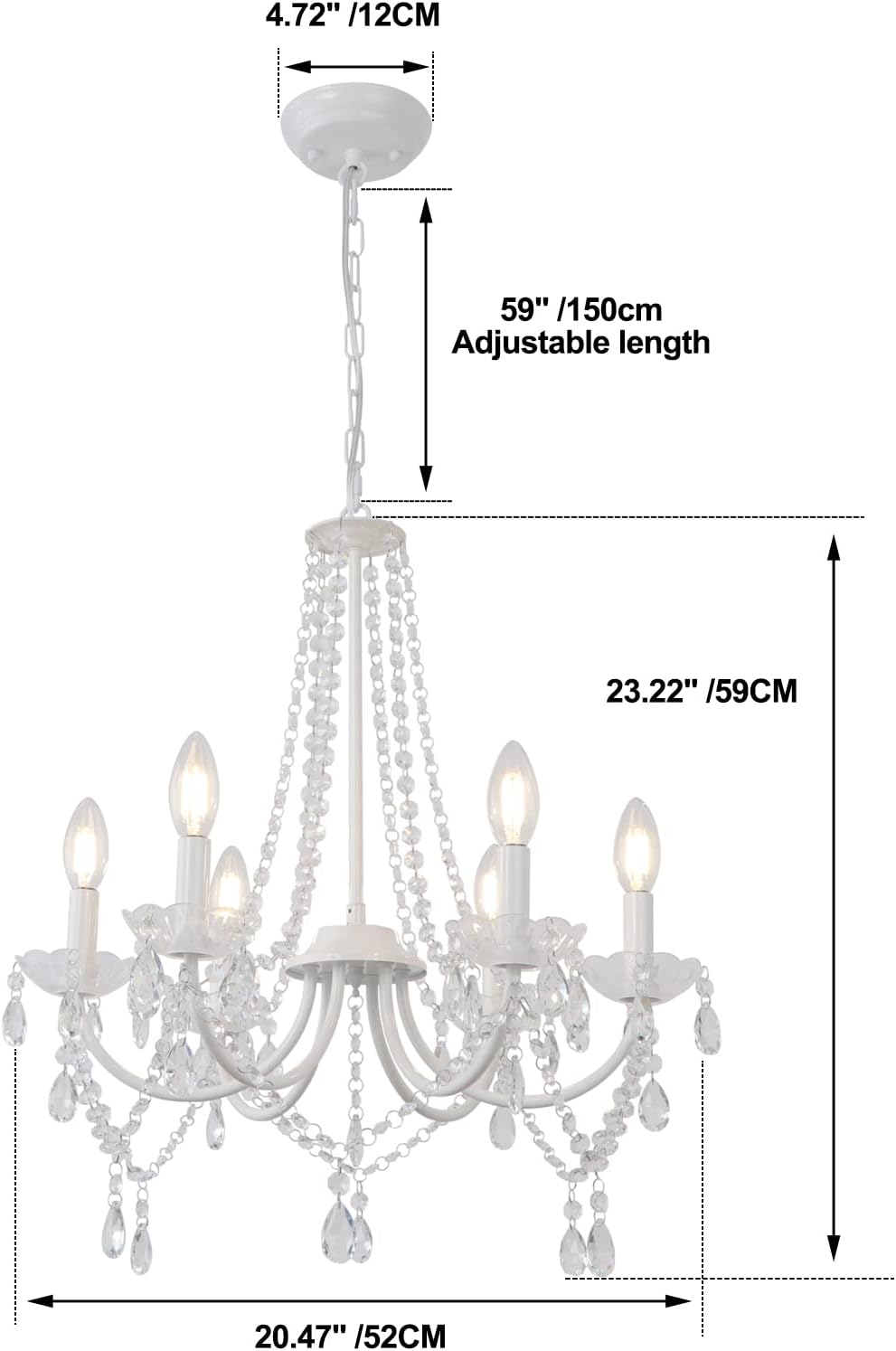 6-Light French Country Crystal Chandelier, 20'' Modern White Candle Chandelier for Dining Room, Farmhouse Elegant Light Fixture for Girls Bedroom Living Room Foyer Entryway