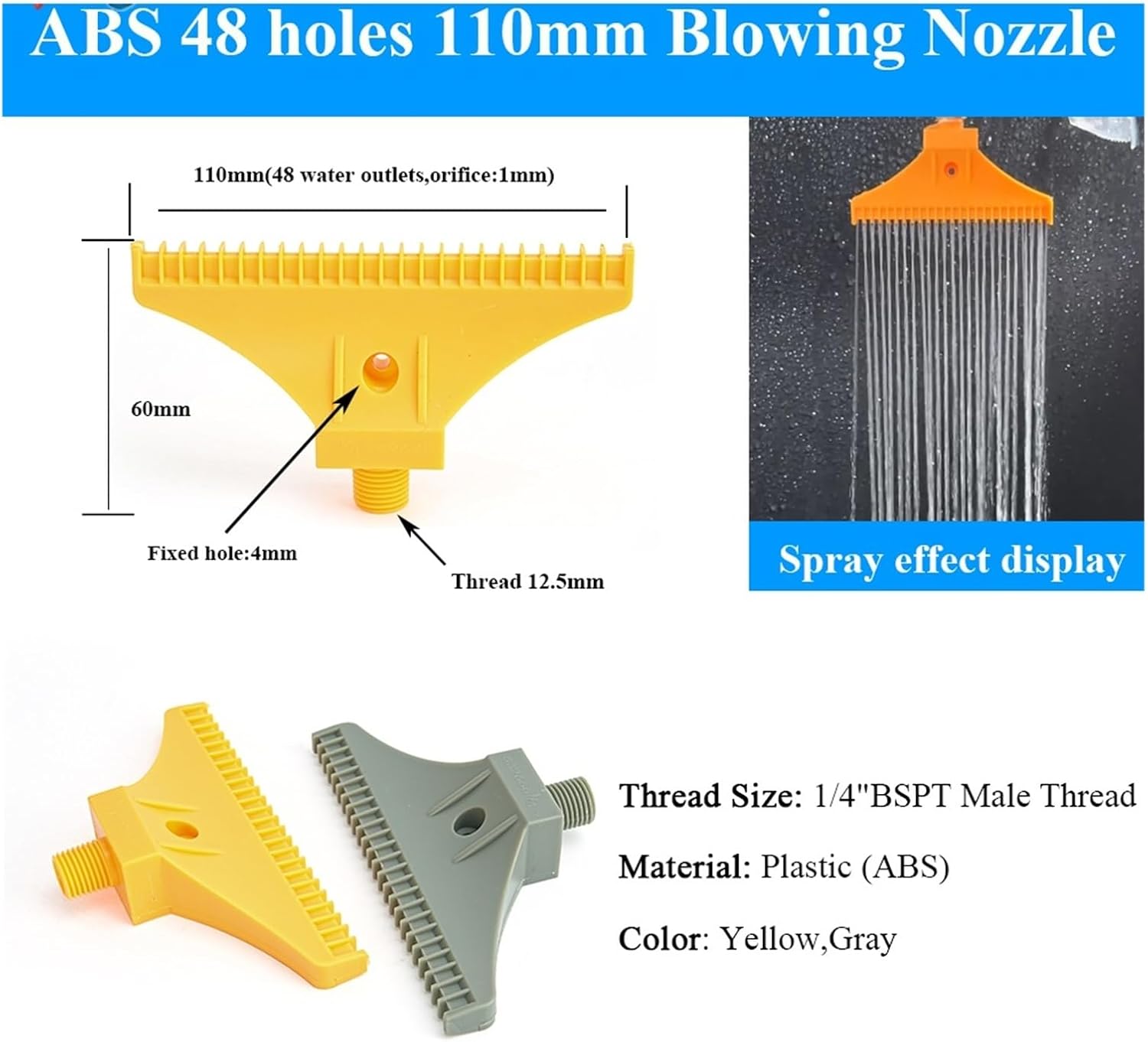 110mm Wide Air Knife with 1/4" Male Thread - Plastic Blowing Nozzle for Industrial Drying, Cooling, and Washing(Yellow)