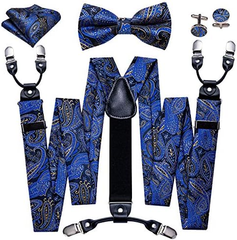 Paisley Suspender and Bow Tie Set, Mens Woven Silk Adjustable Suspender Bow Tie Pocket Square Cufflinks Set