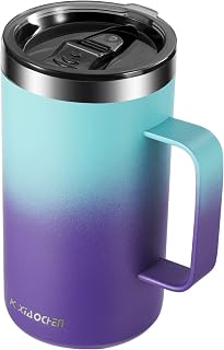 KXIAOCHEN 20 oz Insulated Coffee Mug, Coffee Cup with Lid and Wide Handle | 18/8 stainless steel, 6+ hours hot or 12+ hours cold, wide mouth, no-sweat exterior, for office, work, home and camping