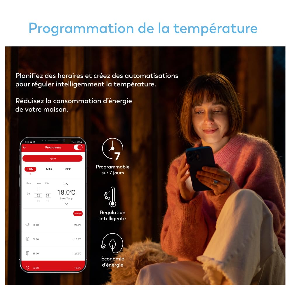 Garza - Thermostat WiFi Intelligent Sans Fil pour Chauffage et Chaudière, Programmable, Écran Tactile, Commande Vocale (Alexa/Google), 2,4 GHz, Noir