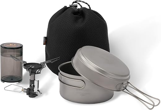 KOVEA Solo Lite V Ultra-Lightweight Titanium Cookware and Gas Stove Combo, 270g 9.5 oz Compact Backpacking Stove Set, Space-Saving Camp Cooking System for Hiking & Outdoor Adventures