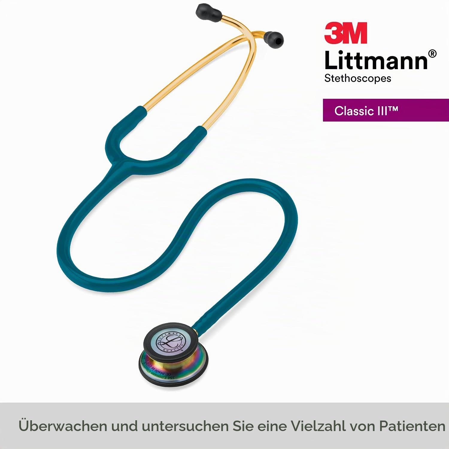 3M Littmann Classic III Stethoskop zur Überwachung, regenbogenfarbenes Bruststück, karibikblauer Schlauch, 69 cm, 5807 & 3M Littmann Stethoskop-Namensschild, Schwarz, 40007