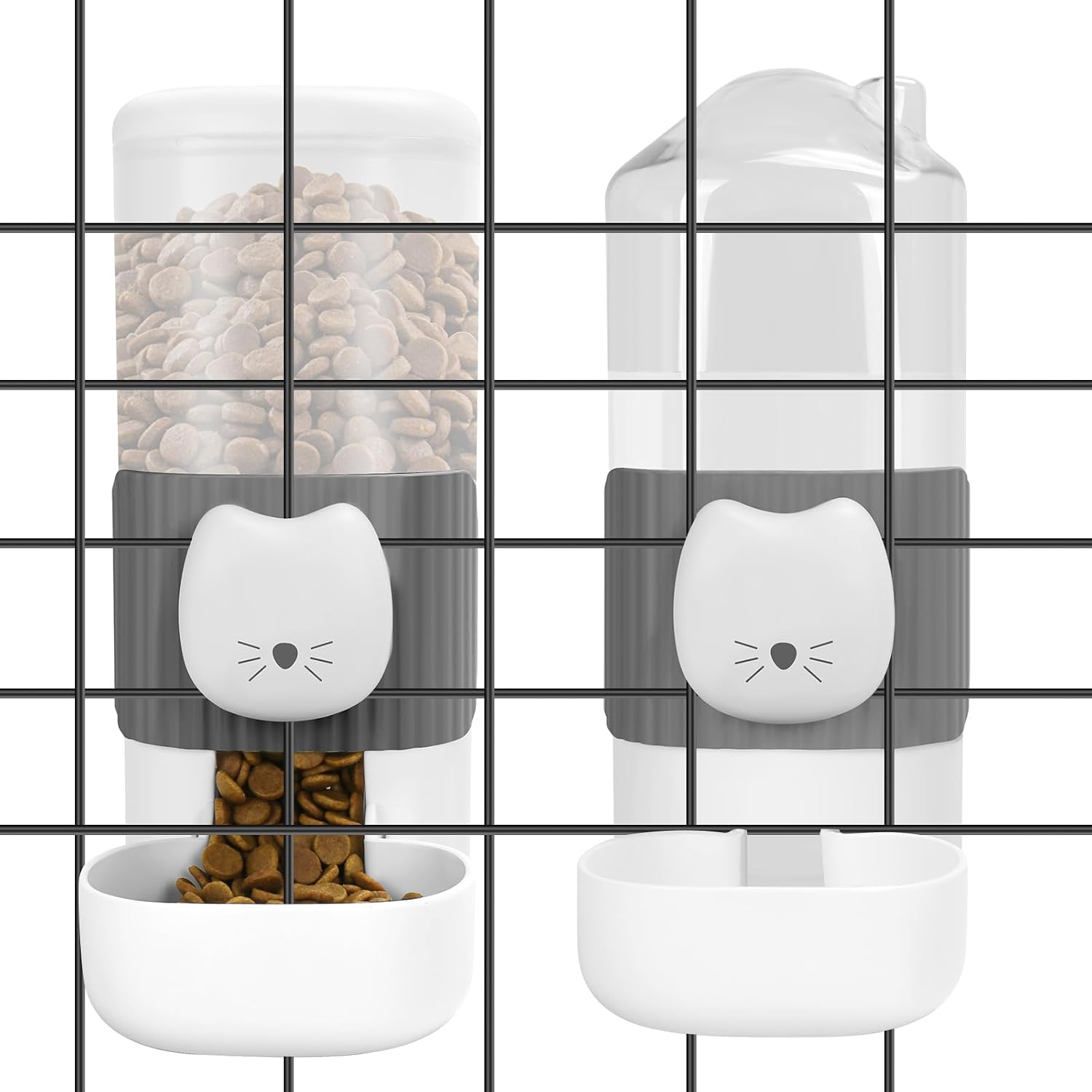 Yummy Sam Hanging Automatic Small Pet Food Water Dispenser, Grey White | Auto Gravity 0.8L Cat Feeder and 0.87L Water Dispenser, Self-Feeding and Waterer Set Kennel Feeding Station for Puppy Cats