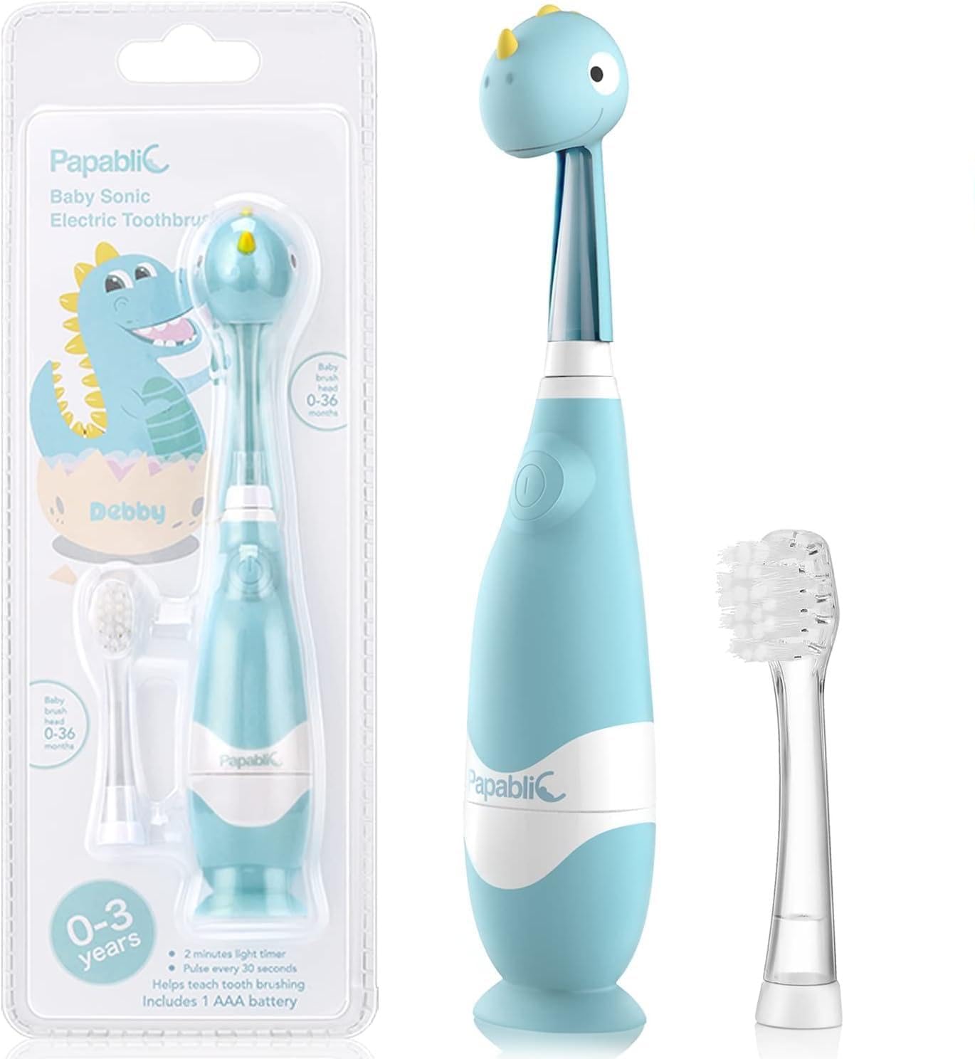 Toddler Sonic Electric Toothbrush Kids for Ages 1-3 Years, Baby Electric Toothbrush with Cute Dino Cover and Smart LED Timer, 2 Brush Heads (Debby)