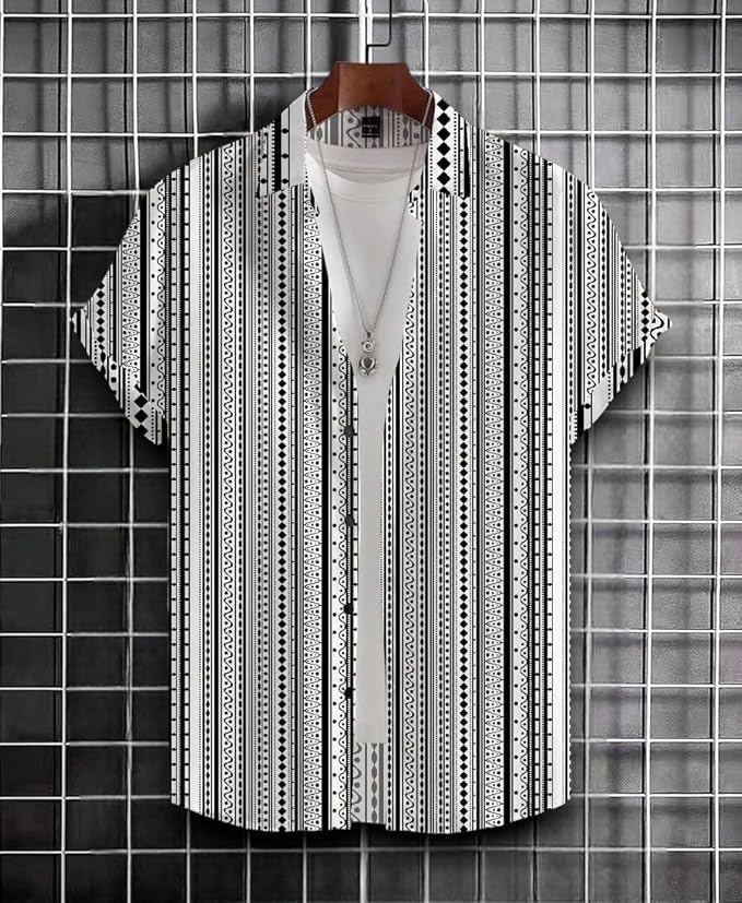 Image of Men's Striped Slim Fit Half Sleeves Stratchable Printed Shirt