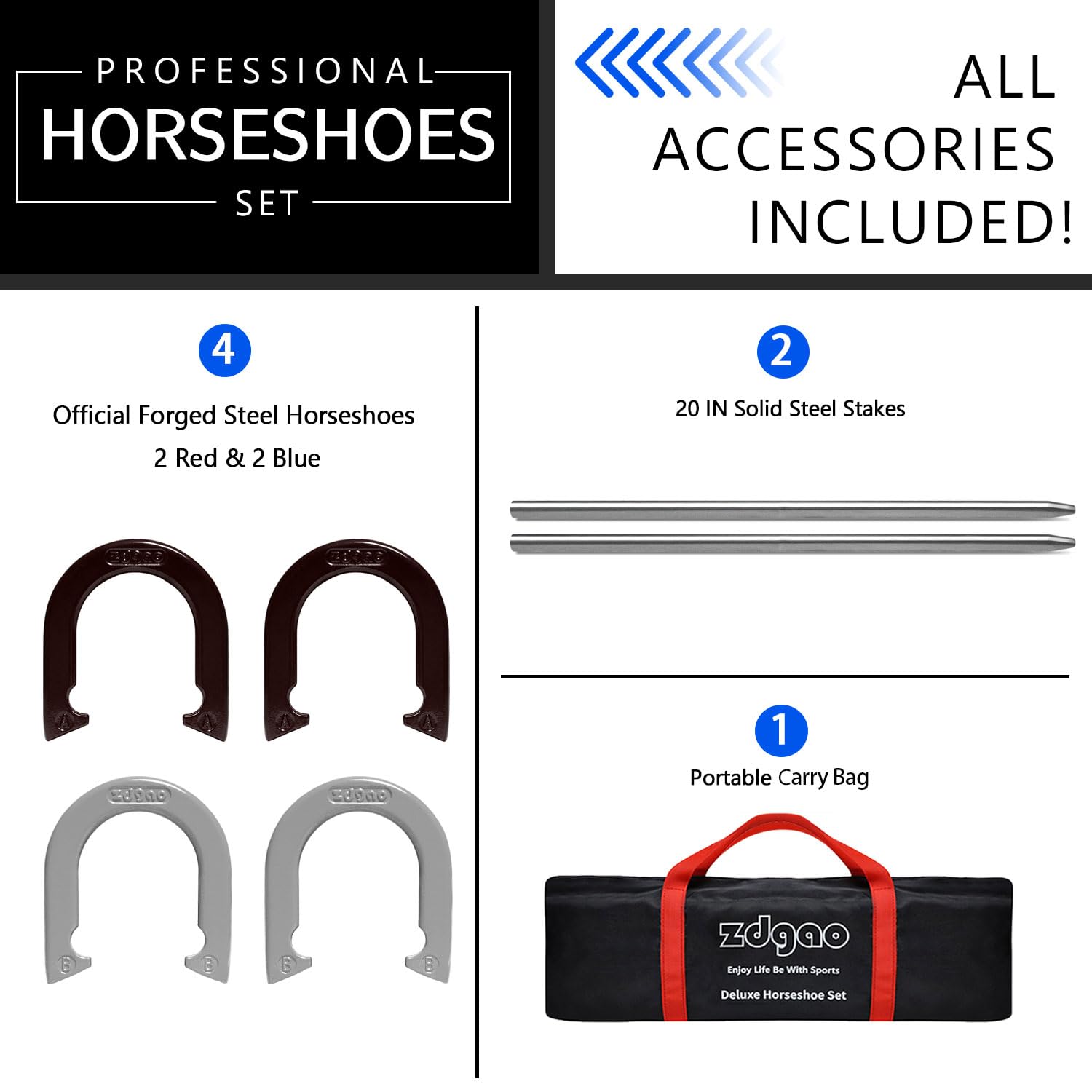 YDDS Horseshoes Outside Game Set-Portable Outdoor Horseshoe Set Includes 4 Professional Solid Steel Horseshoes with Solid Steel Stakes & Carrying Bag, Perfect for Backyard and Beach