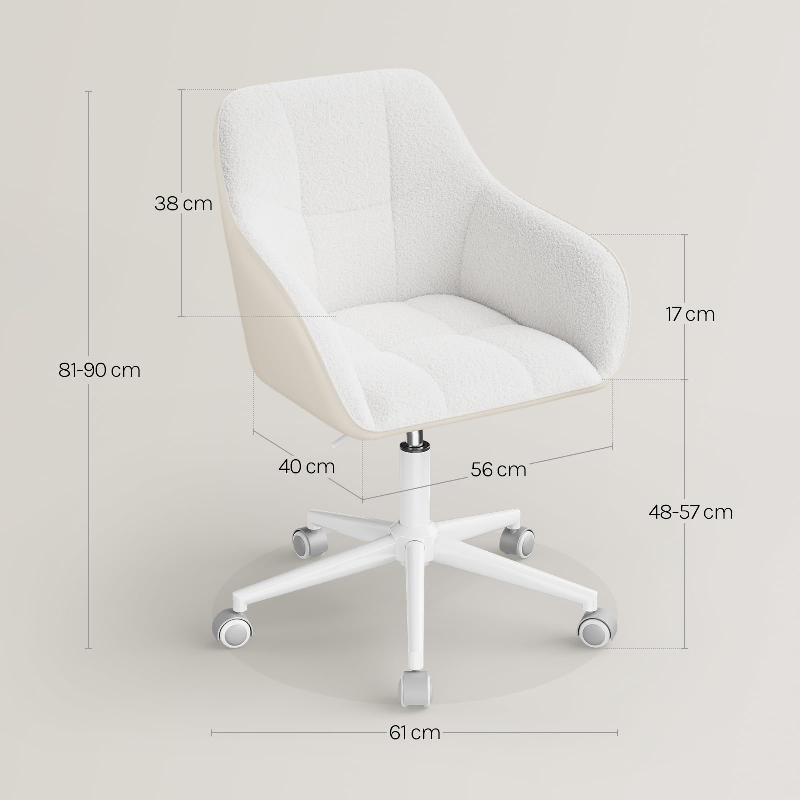 WOLTU Chaise de Bureau, Fauteuil Ergonomique, Bouclette+PU, Crème Beige | Chaise Coiffeuse, Siège Pivotant, Réglable en Hauteur, Capacité 150 kg, Cadre en Acier, pour Bureau, Chambre