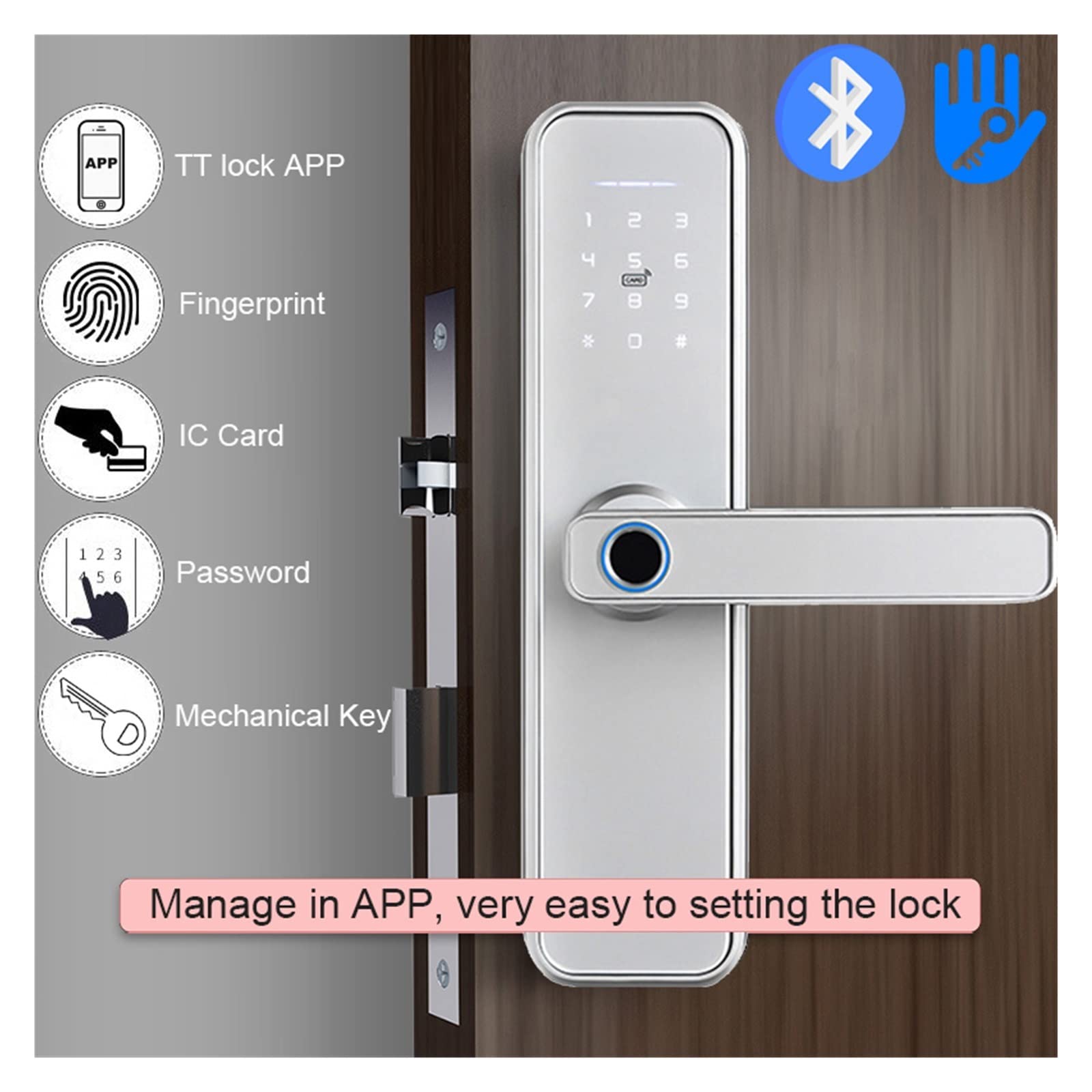 X5 Silver Smart Lock Serratura per porta con impronta digitale biometrica TT Lock App senza chiave Apri la porta da remoto Serrature per porte con impronta digitale, Serrature intelligenti a