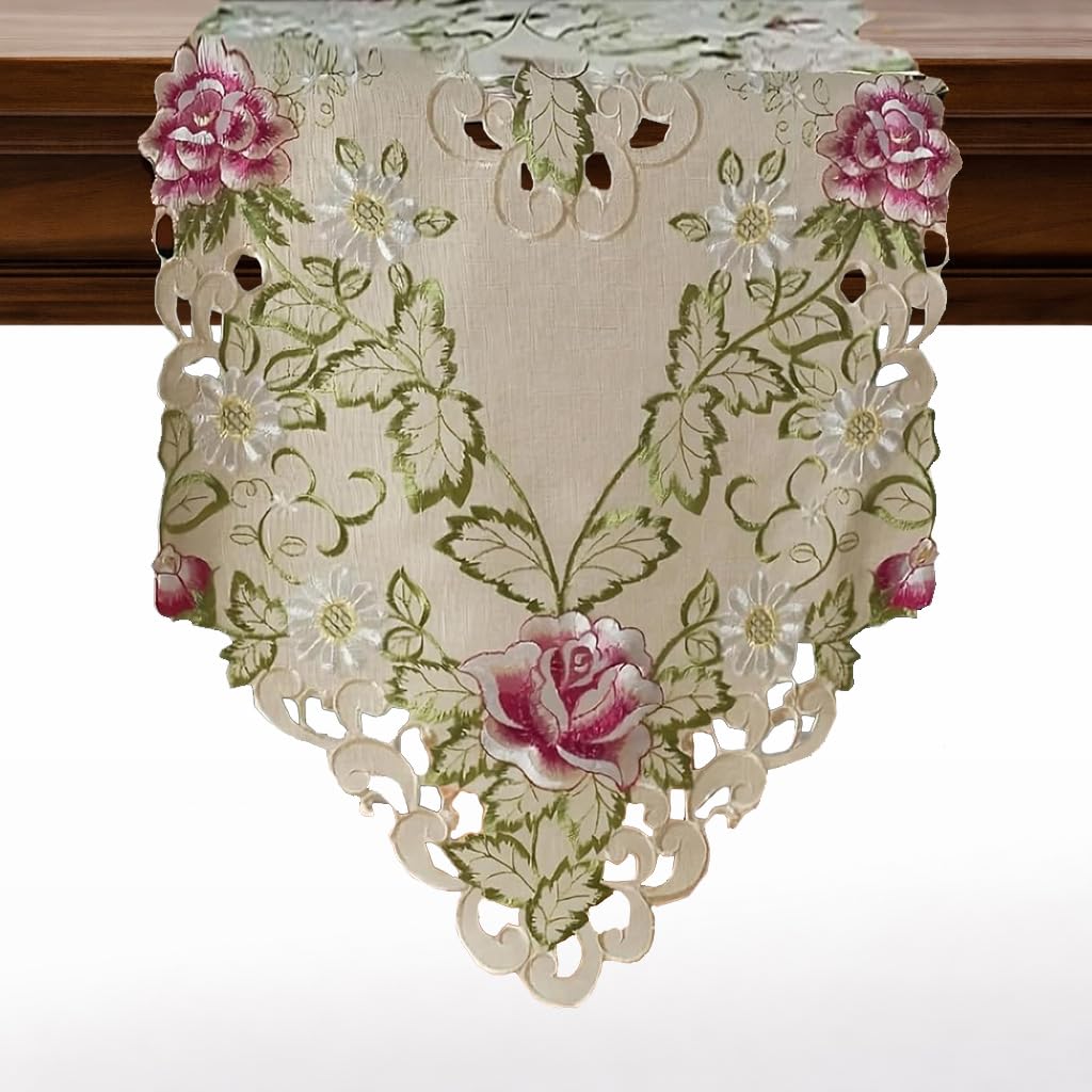 Decozen Beige Table Runner - European Embroidery Dresser Decor Scarf for Home, Kitchen, Dining, and Wedding - 14 x 108 Inches - Valentines Day Decor -