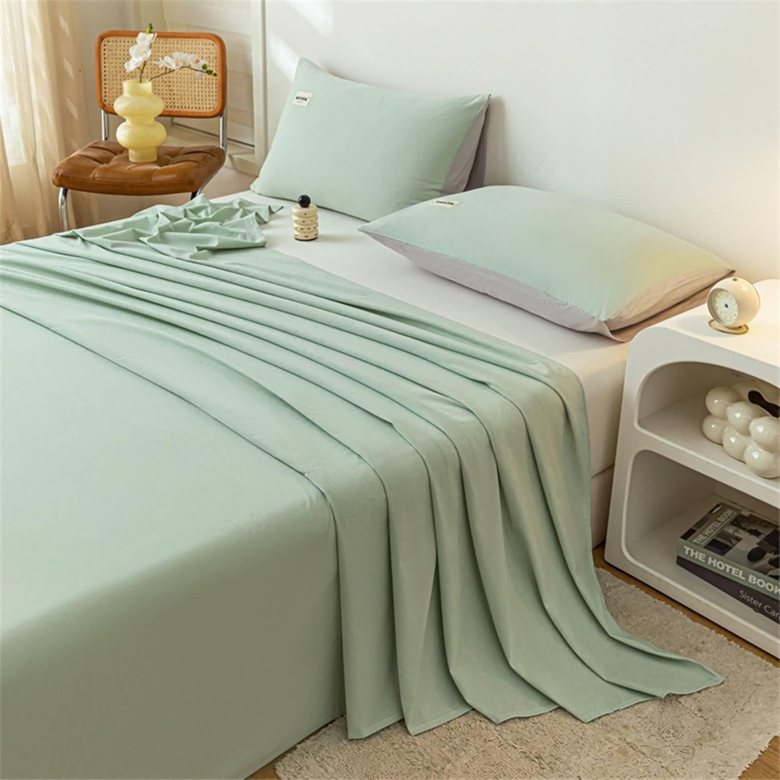 Lenzuolo Sopra, Lenzuola da Letto Una Piazza e Mezza e 2 Federe Cotone Tinta Unita Estivo Lenzuola Sopra Traspirante, Morbido, Lavabile in Lavatrice, 200x230 CM, Verde Chiaro
