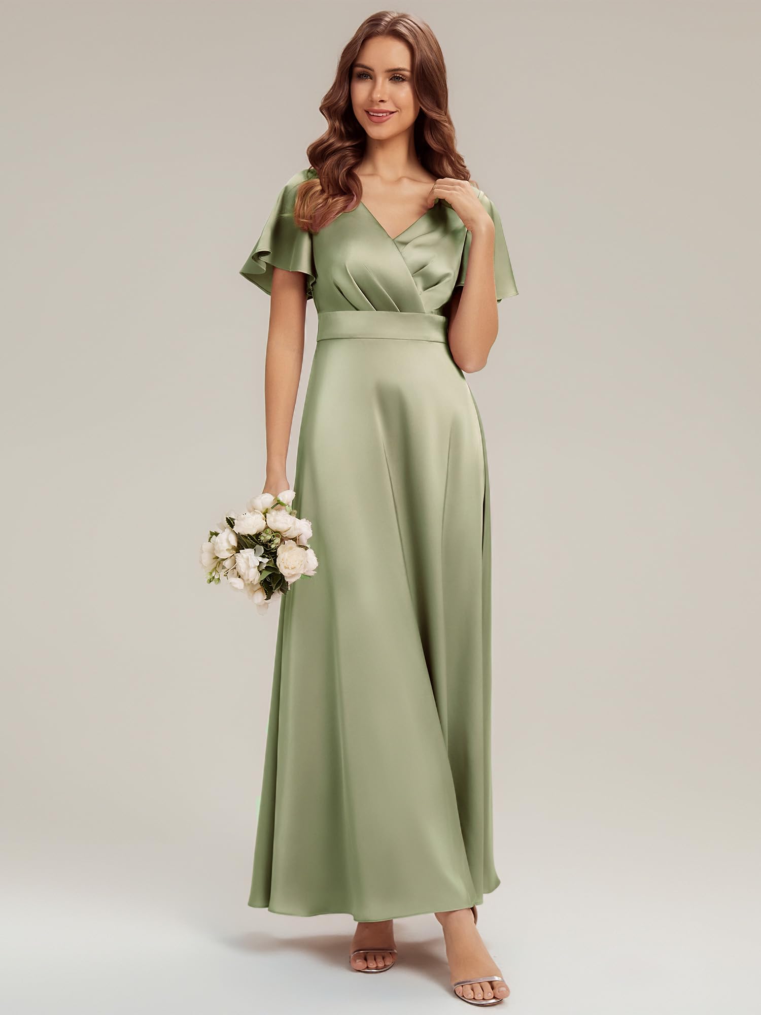 Ever-Pretty Abiti da Damigella Collo a V Maniche Corte Satin Maxi Gonna Svasata ES02710