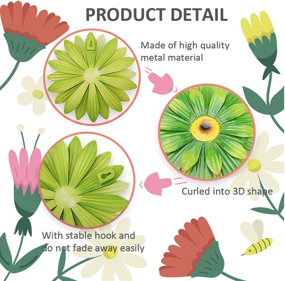 6 Metal Flowers Outdoor Wall Art - 8 Inch 3D Daisy Decor - Farmhouse Boho Style for Indoor/Outdoor Home, Living Room, Office, Garden, Porch