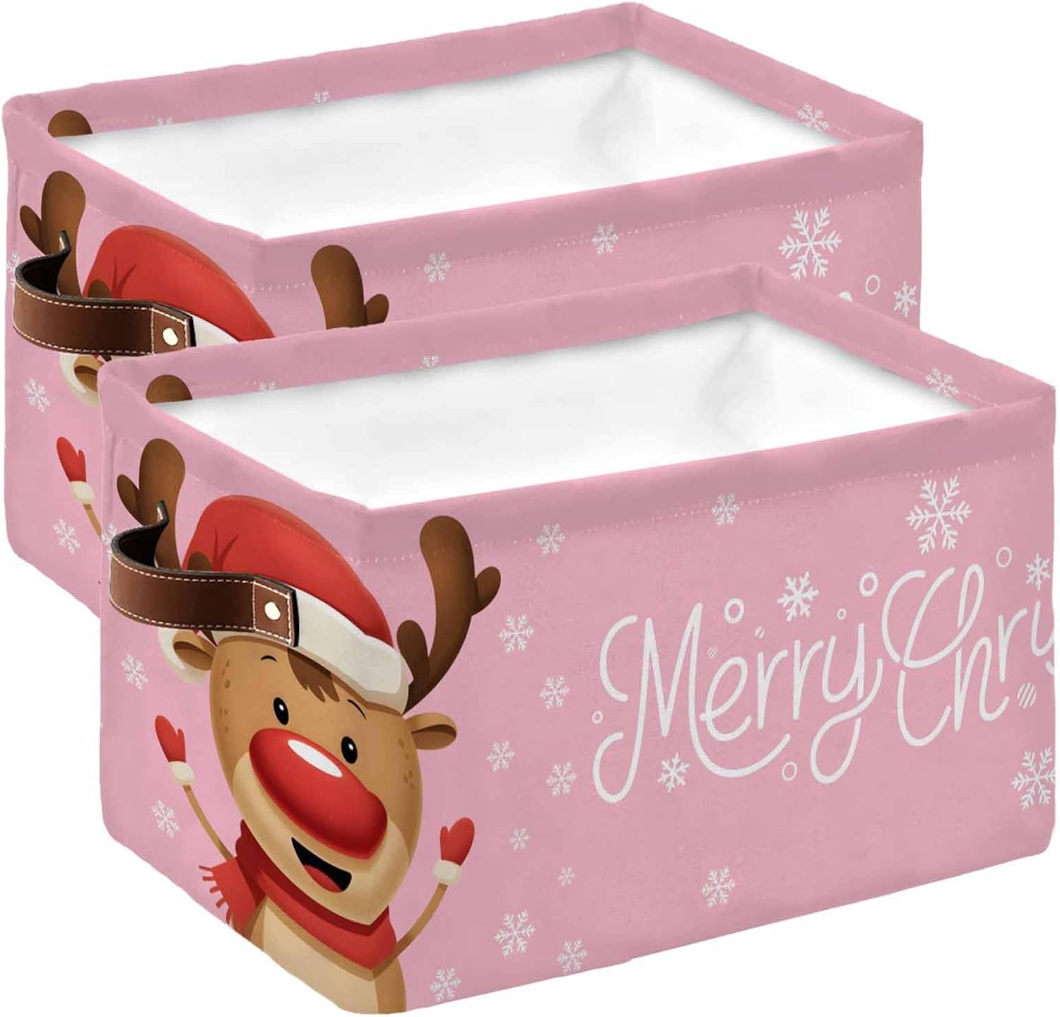 Merry Christmas Storage Basket for Shelves, Pink Winter Xmas Hat Deer Snowflake Fabric Cubes Storage Bins, Closet Organizers with Handles for Book, Playing, Cloth, 15"x11"x9.5", 2 Pack