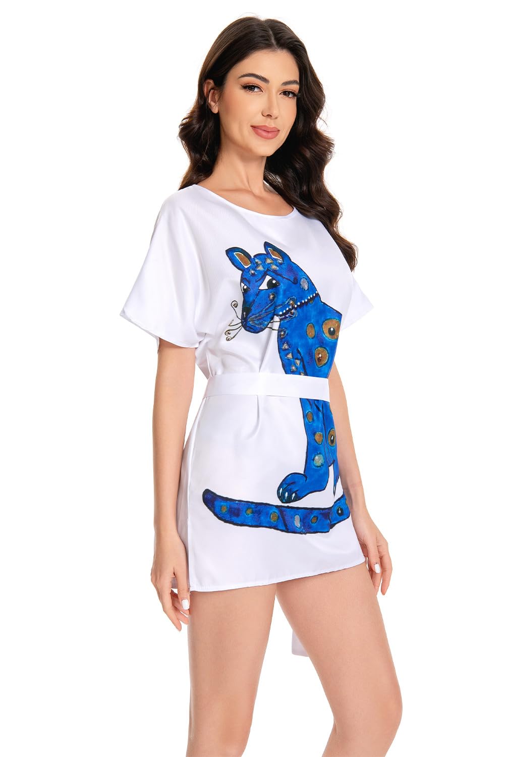 Anni Frid Costume Chat T-shirt Femme Vintage Rétro Robe Halloween Carnaval Merch avec ceinture Blanc