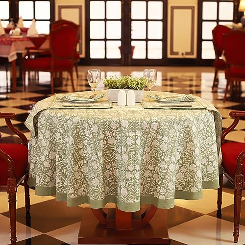 Labhanshi Sage Green Block Print Round Table Cloth|Indian Round Floral Cotton Table Cover 72 Inch 6-Seater Mother's Day St. Patrick Kitchen Dining Tablecloth|Patio Table Cover for Banquet Parties by Labhanshi - Used condition - US$23.01