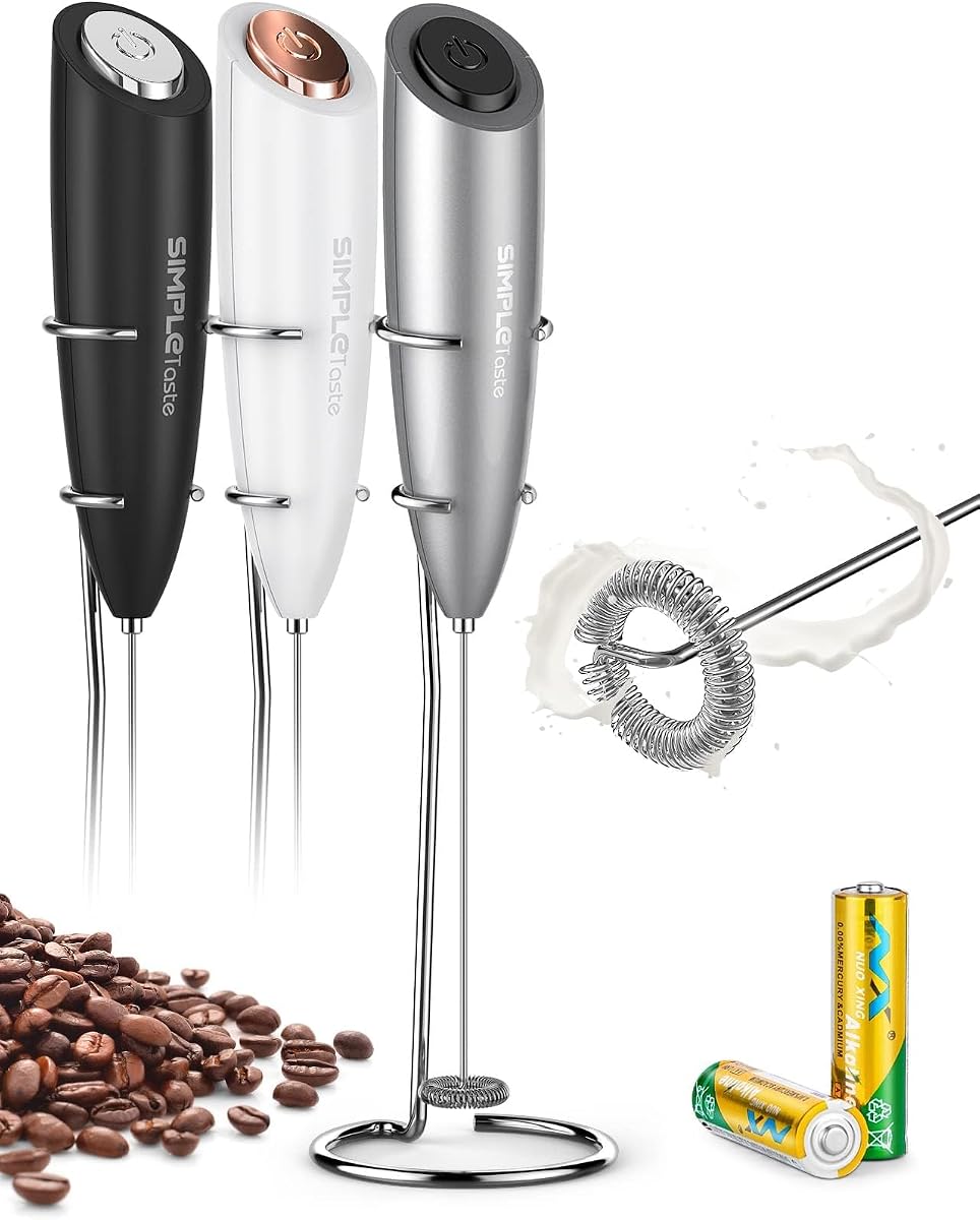 Milk Frother Handheld Electric Foam Maker Battery Operated | Drink Mixer with Stainless Steel Whisk for Cappuccino, Bulletproof Coffee, Latte, Gray, with Stand